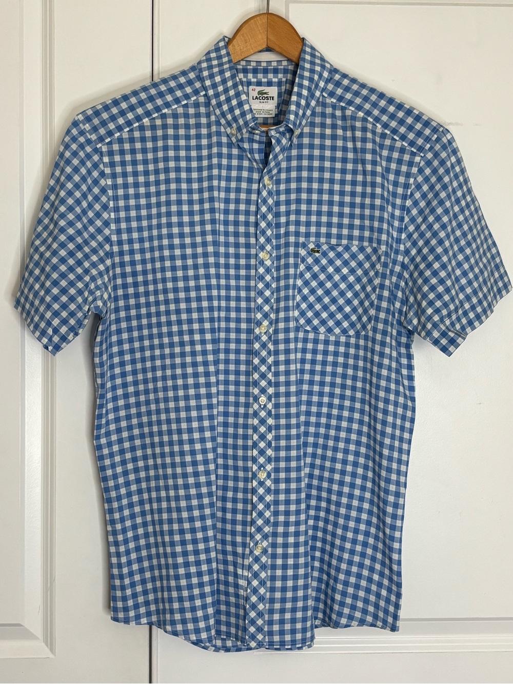 Lacoste Blue White Gingham Slim Fit Button Down Short Sleeve Shirt 42/16.5